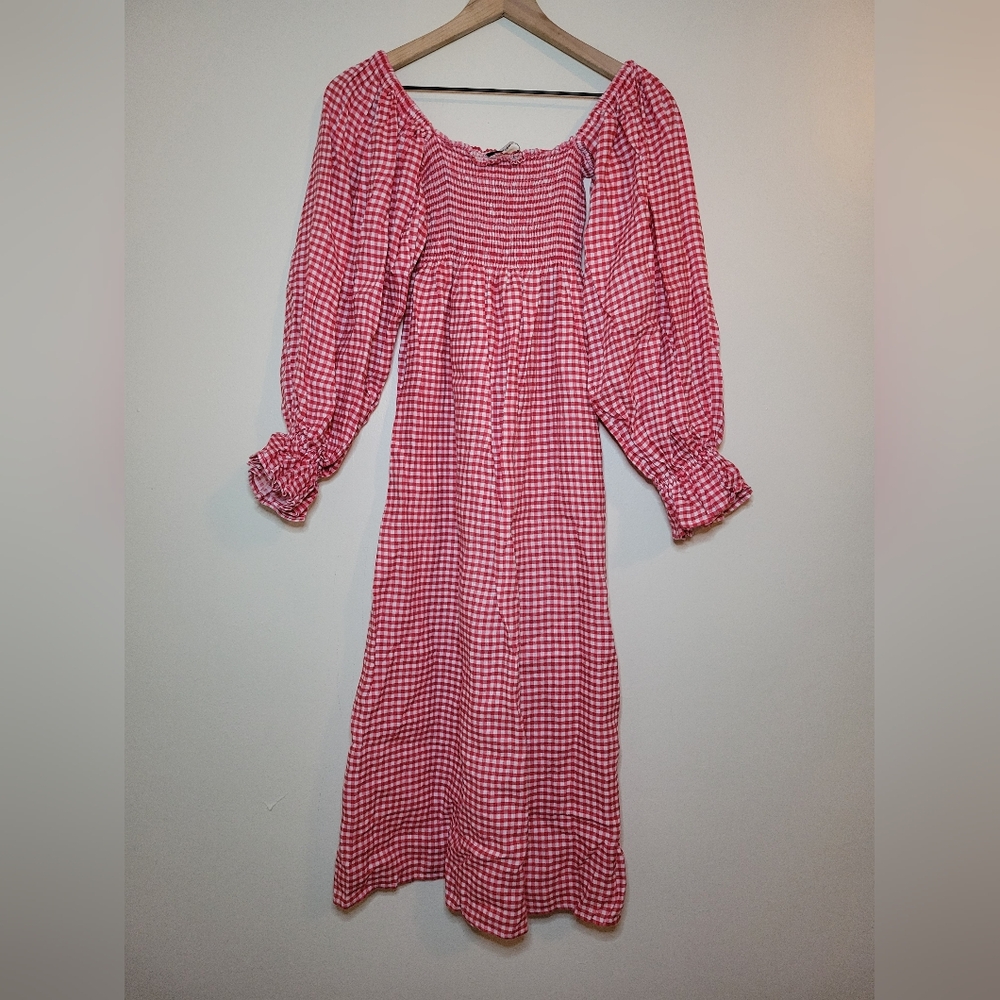 Sleeper 100% linen red gingham Atlanta dress with puff sleeves, small - Picture 13 of 16